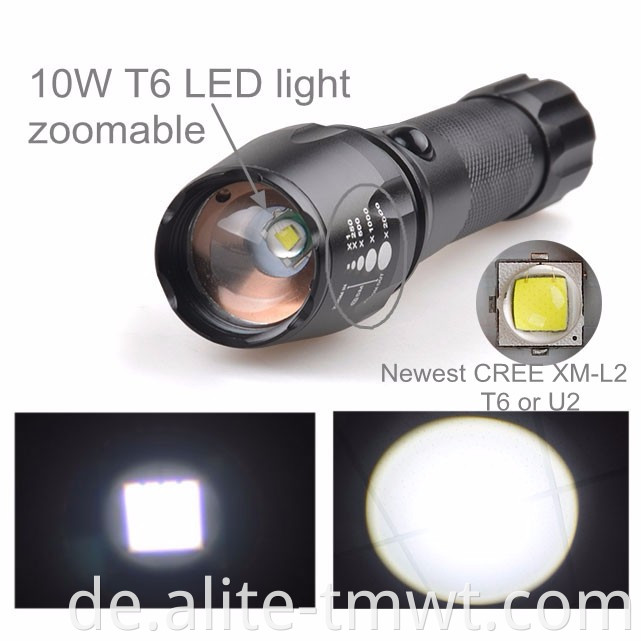 Euro CE 10W XML T6 wiederaufladbare LED -Taschenlampe mit Strobefunktion